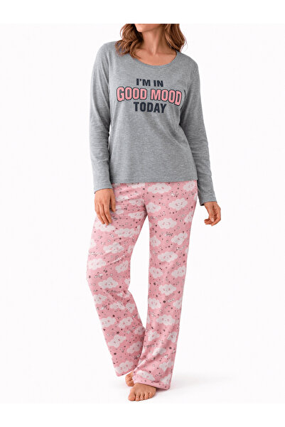 Hepsi Moda Bulut Desen Uzun Kollu Pijama Takımı - Gri &Toz Pembe