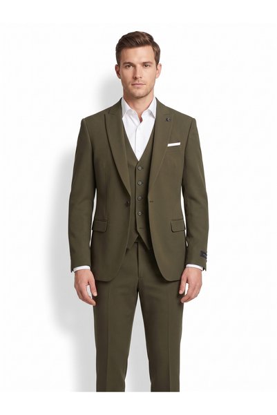 İMAJ MAĞAZACILIK Khaki Green Slim Fit Men's Suit with Vest