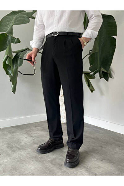 MODA ŞEHRİ Men's elastic waist pleated relaxed fit fabric trousers