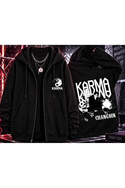 Vordevia Karma Stray Kids Printed 3 Thread Zippered Cardigan with Ribbon Over...