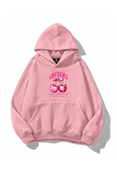 Gofeel Cherry Graphic Printed Oversize Pink Hoodie