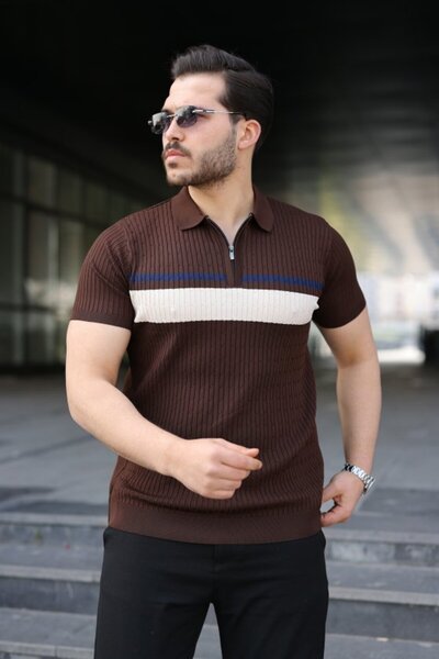 Modazun Men's Knitted Patterned Colorful Short Sleeve Knitwear T-Shirt