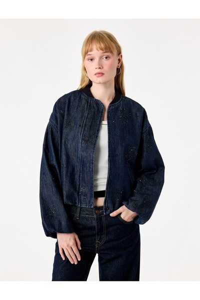 Koton Pamuklu Dik Yaka Cepli Uzun Kollu Taş Detaylı Denim Ceket