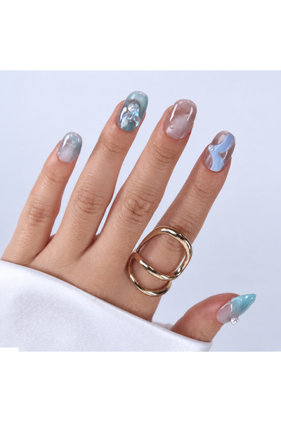Takma Takma S Beden Mavi Nail Art Kısa Oval 10'lu Tekrar Kullanılabilir El Ya...