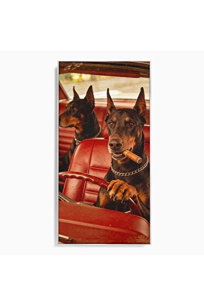 Luxcanva Tablou Canvas Dobermani In Masina 60x120 cm cu Rama Argintiu Caini A...