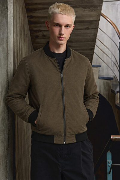 comstar Ανδρικό σουέτ μπουφάν με φερμουάρ Casual Bomber Khaki Jacket
