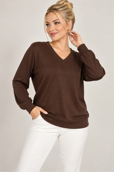 Kadın V Yaka yumuşak dokulu %100 Pamuklu Oversize triko salaş bluz – Uzun Kollu Basic Üst