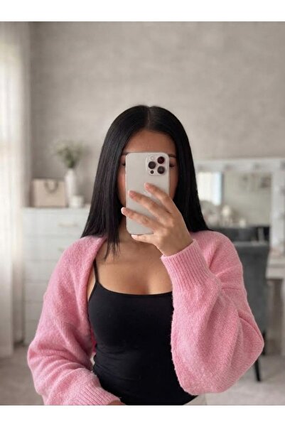 FLEX FASHION Women's Street Fashion Acrylic Crop Knitwear Cardigan Pink