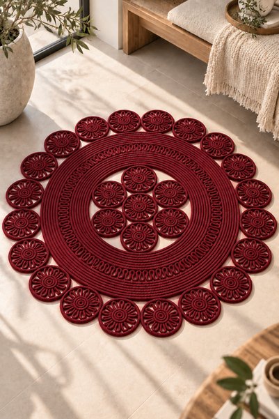 MaVaux Velmira Hasır Jüt El İşçiliği Yuvarlak Kilim – Dekoratif Örgü Motifli,...