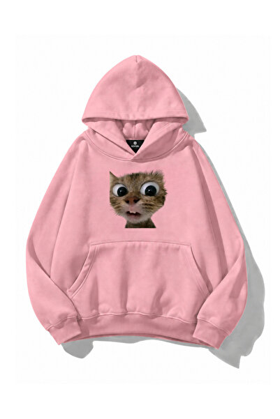 Gofeel Cat Graphic Printed Oversize Pink Hoodie