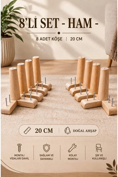 LEGORA WOOD DESIGN 20 Cm Konik Ham Ahşap Mobilya Ayağı 8'li Set 1. Sınıf Gürg...