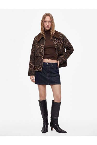 Koton Rahat Kalıp Cepli Fermuarlı Uzun Kollu Yaka Detaylı Denim Leopar Ceket