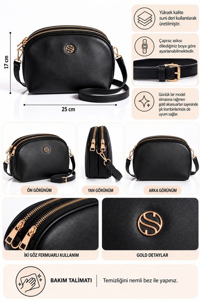 VIATOX Vx-1298 Women's Faux Leather Double-Compartment Adjustable Crossbody Shoulder Bag Black