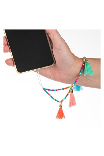 OEM Brățară pentru telefon 13 cm cu mărgele colorate, lanț și ciucuri – prind...