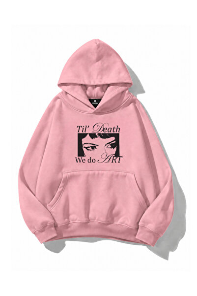 Gofeel The Death We Do Art Print Detailed Oversize Pink Hoodie