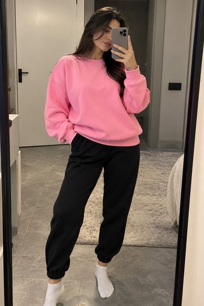Revasser Unisex Kadın/Erkek Renkli Düz Kışlık Takım Bisiklet Yaka Sweatshirt-...