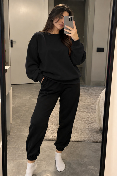 Revasser Unisex Kadın/Erkek Renkli Düz Kışlık Takım Bisiklet Yaka Sweatshirt-...
