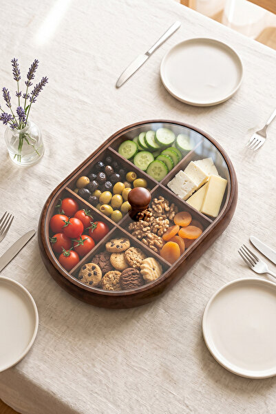 Kitchen Life 6-Compartment Oval Acacia Breakfast Snack Bowl Multi-Functional ...