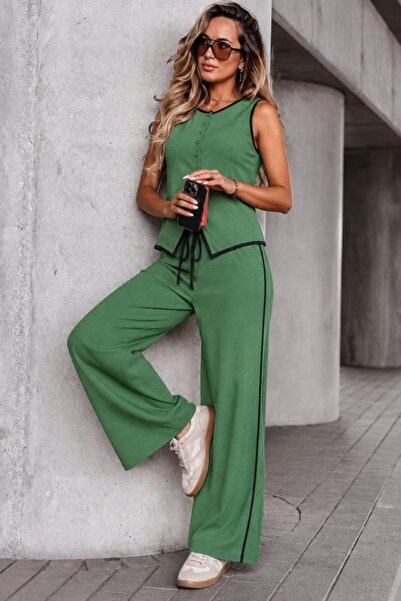 bysocafashion طقم نسائي مكون من قطعتين: بلوزة بدون أكمام بأزرار أمامية وبنطلو...