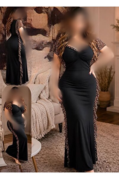 RAHAF TİCARET Rahaf Leopard Detailed Ruffled V-Neck Long Dress - Black