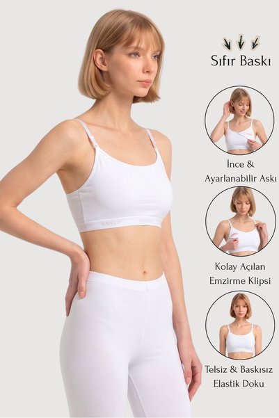 Nastenka Kadın Beyaz Pamuklu Likralı İp Askılı Hamile ve Emzirme Büstiyeri