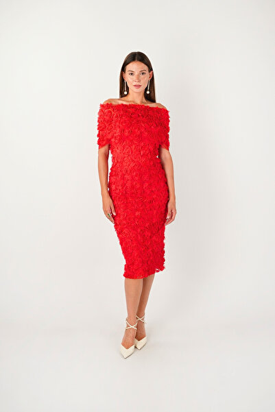 BEYBOS Three-Dimensional Fabric Bolero Detailed Pencil Dress - Red