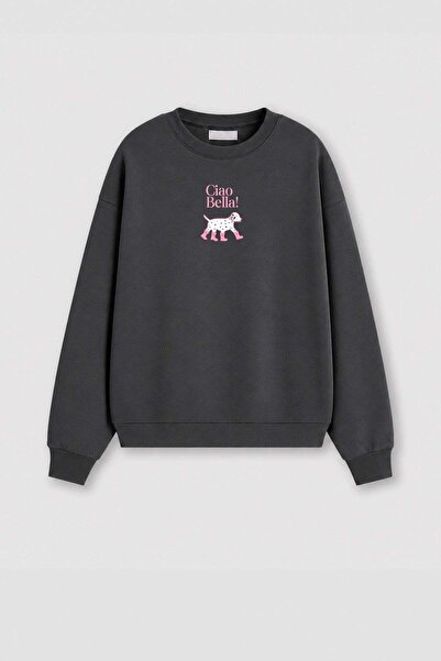 Monila Kadın Premium Kumaş 3 İplik Şardonlu Köpek Baskılı Sweatshirt