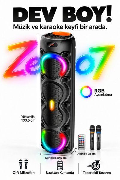 Zeo7 Dev Boy Bluetooth Karaoke Hoparlör RGB Halka Aydınlatmalı TWS Bağlantılı...