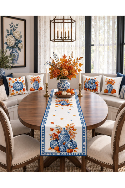 HOMESSA Blue Porcelain Pumpkin Autumn 4-Piece Throw Pillow Cover Runner Set