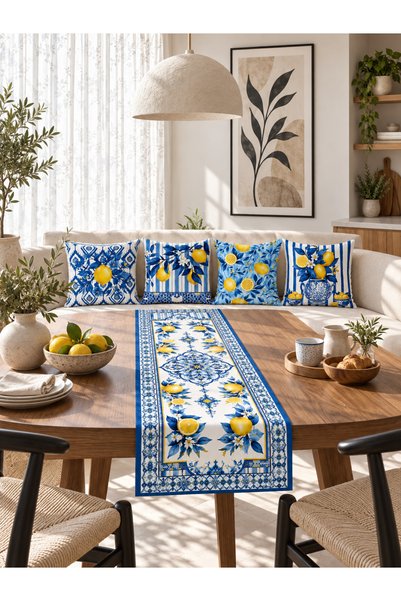 HOMESSA Blue Yellow Tile Lemon Mediterranean 4-Piece Throw Pillow Cover Runne...