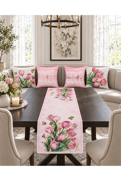 HOMESSA Pink Tulip Butterfly Just Bloom 4-Piece Throw Pillow Cover Runner Set