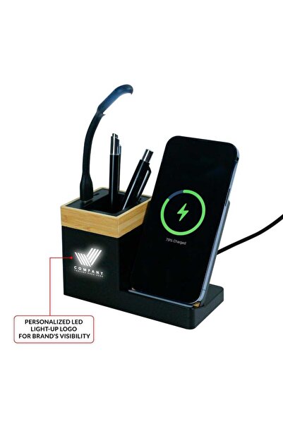 Generic Brand Bamboo Pen Holder with 15W Wireless Charger & LED Logo