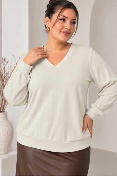 NAZXXL Kadın V Yaka yumuşak dokulu %100 Pamuklu Oversize triko salaş bluz – U...