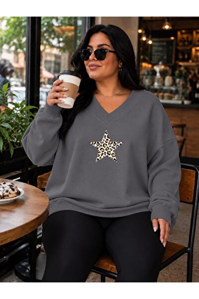 BENROMA 3 Yarn Combed Cotton Plus Size Star Printed V-Neck Sweatshirt Aow2