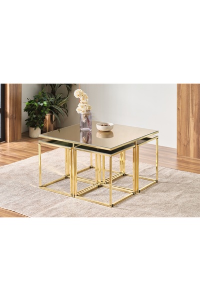 formood Kare Orta Sehpa Seti 5 Parçalı Cam Tablalı Gold Metal Ayaklı Salon Se...