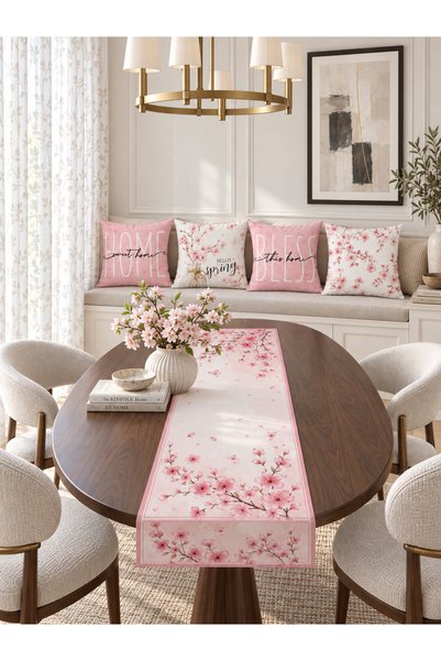 HOMESSA Pink Sakura Floral Written 4-Piece Throw Pillow Cover Runner Set