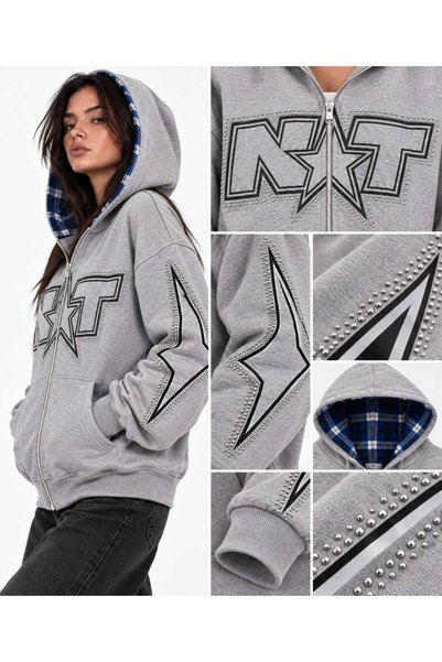 EDVESS Y2K Nxt Star Printed Oversize Zipper Hooded Sweatshirt