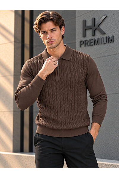HK Premium Tekstil Fermuarlı Polo Yaka Fitilli Slim Fit Triko Kazak
