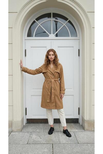 new ats Women's Trench Coat with Buttoned Belt and Windbreaker Detail