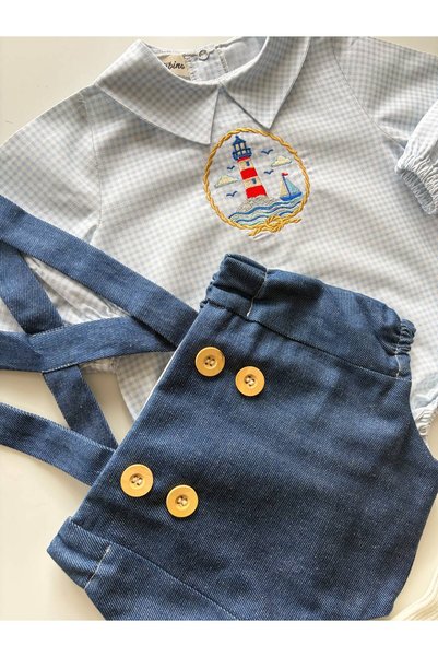 il mio bambino 100% Cotton Lighthouse Embroidered Shirt and Denim Fabric Romper