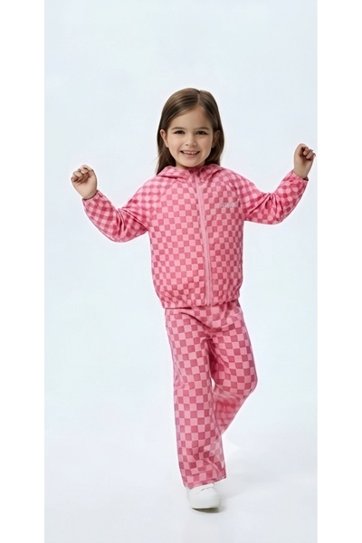 bikids Kız Çocuk Pembe Kare Desenli Su Geçirmez Kapüşonlu Rüzgarlık Ceket
