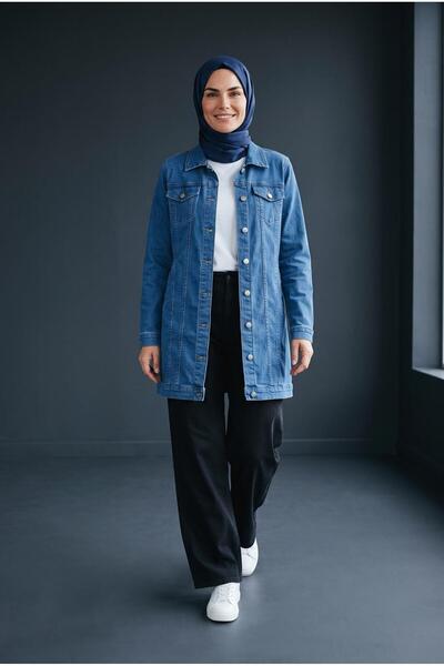 Züvara ENSAR GİYİM kadın uzun esnek denim ceket düğmeli cepli kot ceket