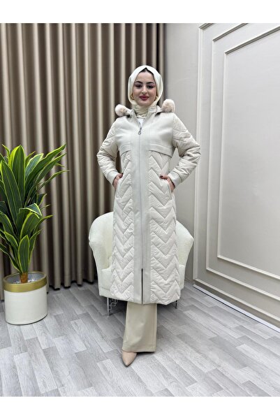 azeldembutik Kadın Kaşe Detaylı Astarlı Nova Kapitone Mont