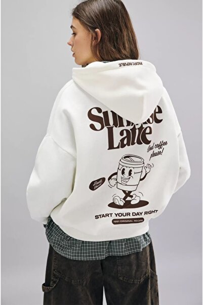 HAI COLLECTİON White Oversize Hooded Sweatshirt Cotton Printed Unisex