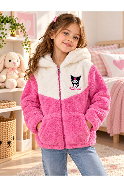 Uğur bebe Kız Çocuk Peluş Hırka Kapüşonlu Cepli Yumuşacık Kışlık Pembe krem r...