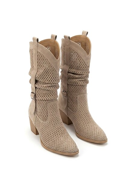 Zerenyus Meria Premium Beige Suede Laser Cut Cowboy Heeled Boots