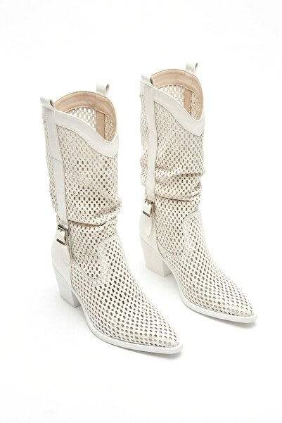 Zerenyus Meria Premium White Laser Cut Cowboy Heeled Boots