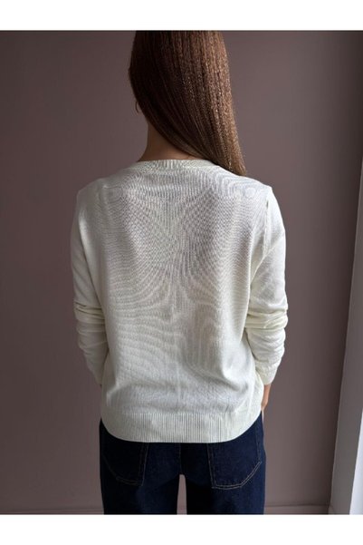 MODAMERSİ Women's ecru crew neck knit cardigan