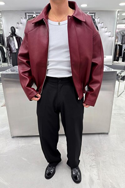 HAFKAGİYİM Bordo Desenli Premium Deri Ceket