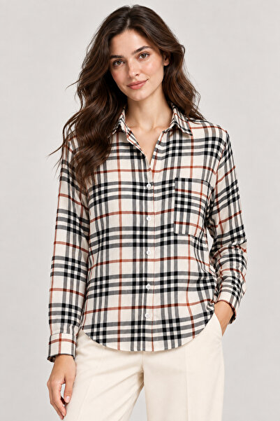 Nuevo Women's Plaid Patterned Dark Brown Striped Viscose Shirt with Pocket De...